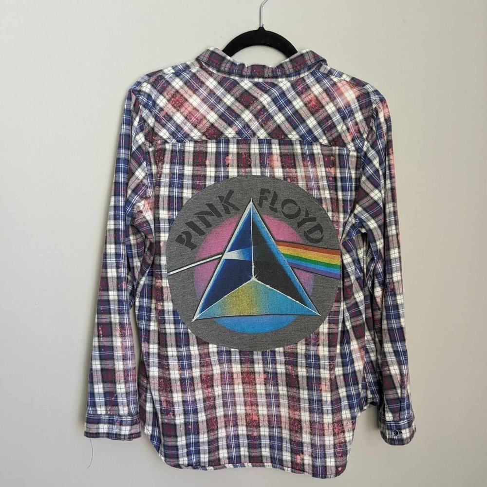 Pink Floyd Music Band Custom Blue Women's Flannel Button Down Shirt Sz L